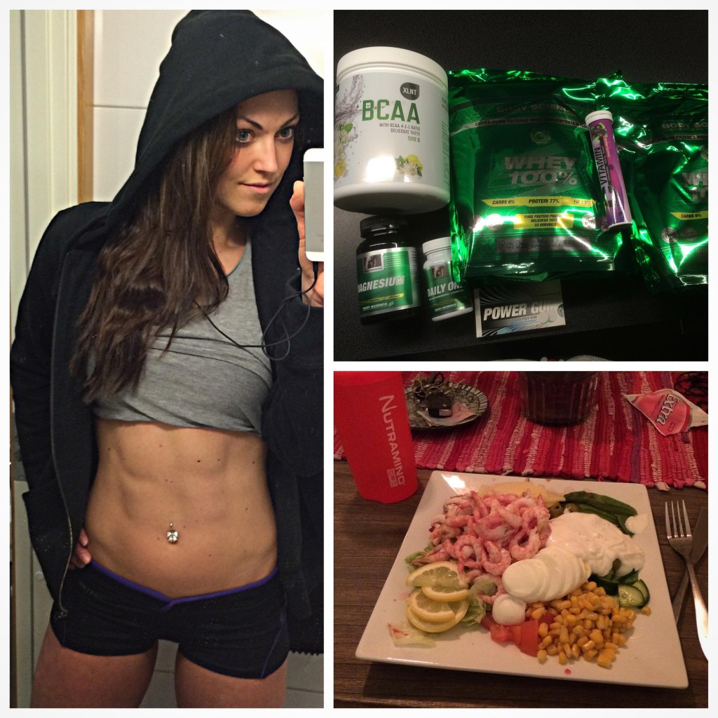 Från fredagens arm/magepass. Lyxade till det på kvällen med en räksallad med färska räkor, MUMS! Fyllde även på skafferiet och MM SPORT har verkligen dem snabbaste leveranserna! Beställde på torsdag morgon och kunde hämta ut på fredag. GRYMT!